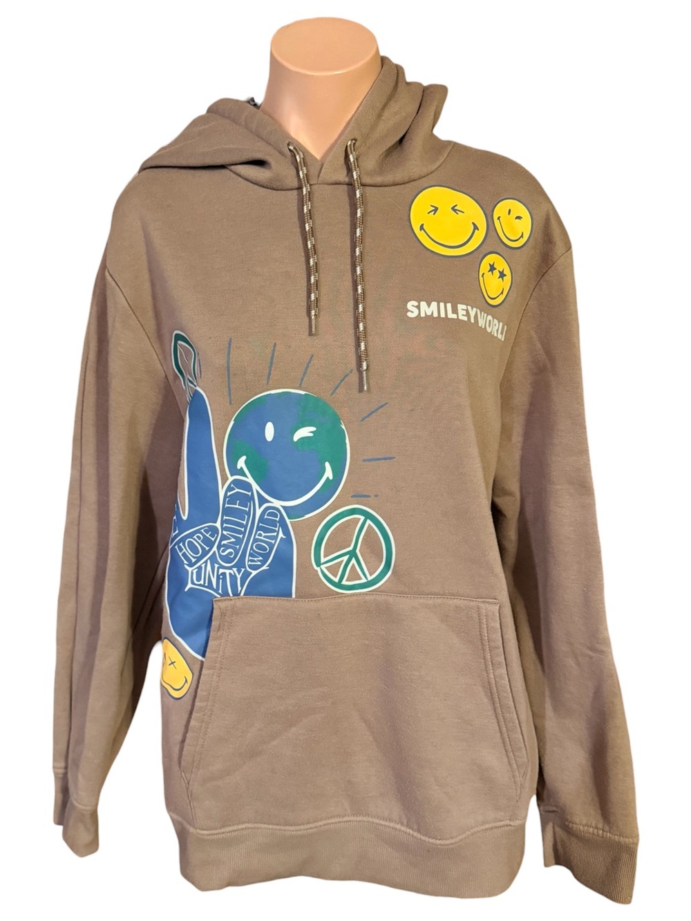 Smiley World Mens L Graphic Tan Pullover Hoodie Peace Earth Graphic Sweatshirt